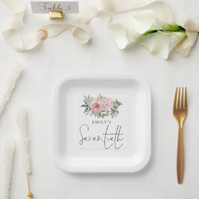 Modern Blush Pink Florals 70th Birthday Party Paper Plate (Wedding)
