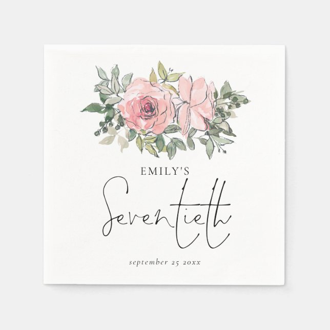 Modern Blush Pink Florals Seventieth Birthday Napkin (Front)