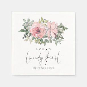 Modern Blush Pink Florals Twenty First Birthday Napkin