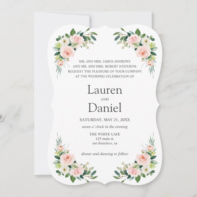 Modern Blush  Pink Flowers classic wording wedding Invitation (Front)