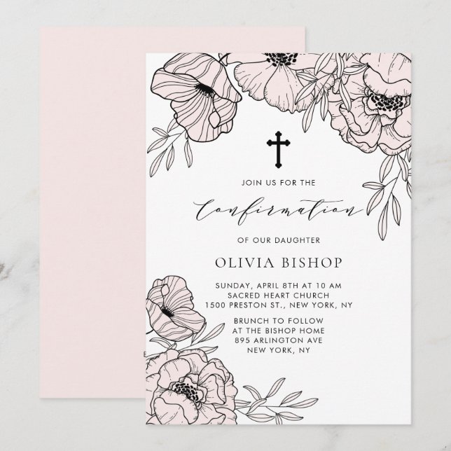 Modern Blush Pink Flowers Confirmation Invitation (Front/Back)