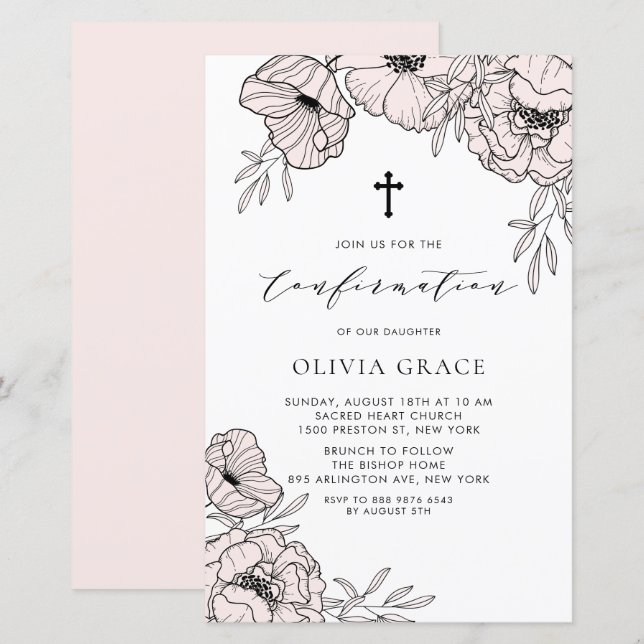 Modern Blush Pink Flowers Confirmation Invitation (Front/Back)
