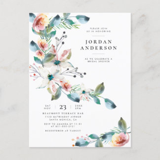 Modern Blush Pink Flowers | Elegant Bridal Shower Invitation Postcard
