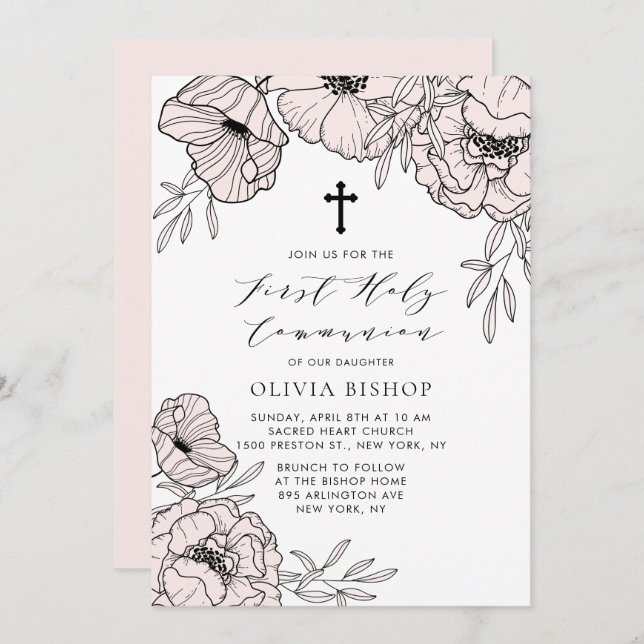 Modern Blush Pink Flowers First Holy Communion Invitation (Front/Back)