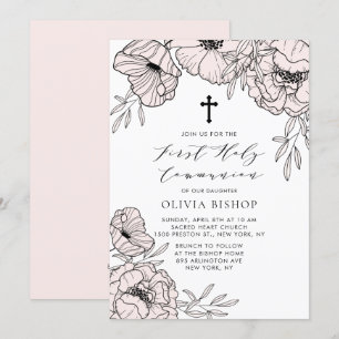 Modern Blush Pink Flowers First Holy Communion Invitation