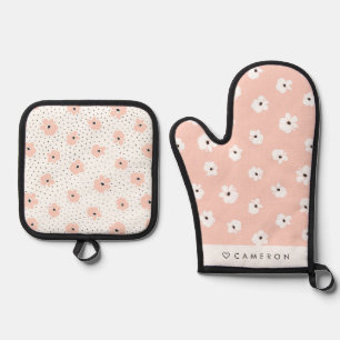 Modern Blush Pink Flowers Pattern Personalised Oven Mitt & Pot Holder Set
