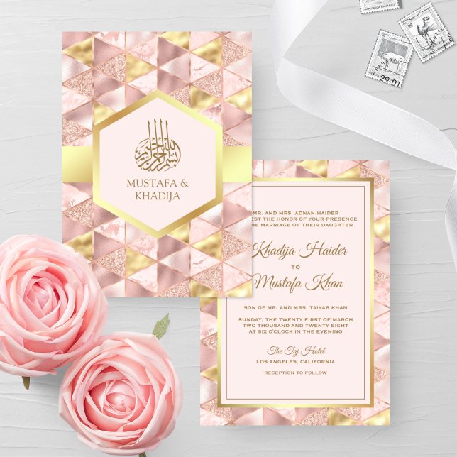 Modern Blush Pink Geometric Hexagon Muslim Wedding Invitation (Creator Uploaded)