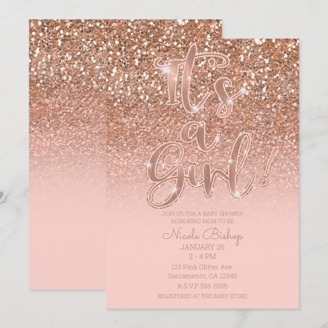 Modern Blush Pink Glam Glitter Girl Baby Shower Invitation (Front/Back)