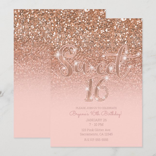 Modern Blush Pink Glam Glitter Sweet 16 Invitation (Front/Back)