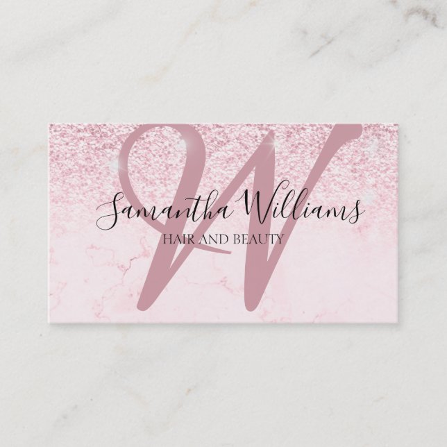 Modern Blush Pink Glitter Monogram Hair Stylist Business Card (Front)