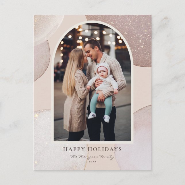 Modern Blush Pink Glitter Sparkle Photo Holiday Postcard (Front)