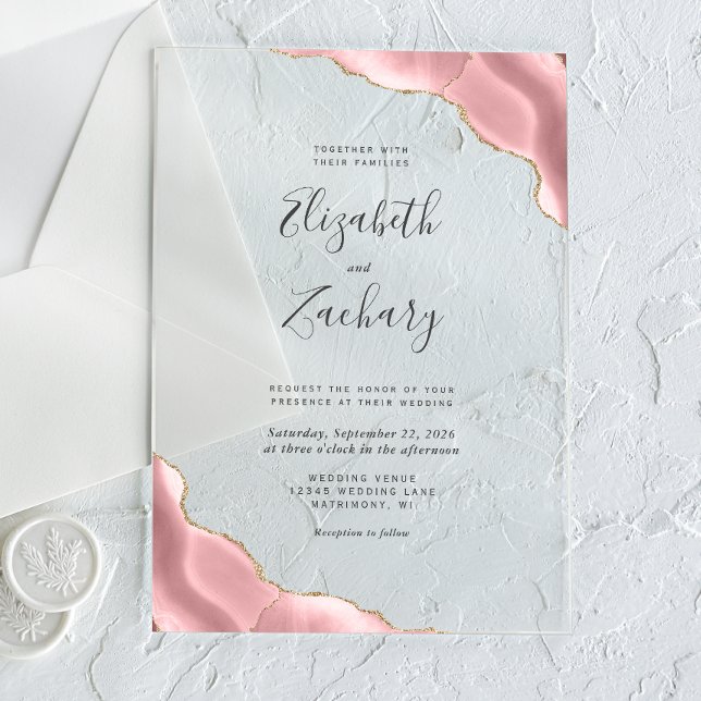 Modern Blush Pink Gold Agate Corners Wedding Acrylic Invitations (Creator Uploaded)
