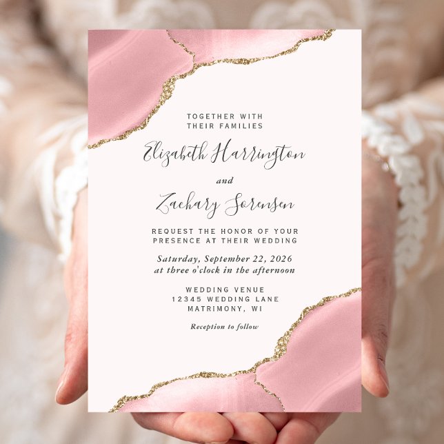 Modern Blush Pink Gold Agate Corners Wedding Invitation (Creator Uploaded)