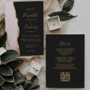 Modern Blush Pink Gold Agate Dark QR Code Wedding Invitation