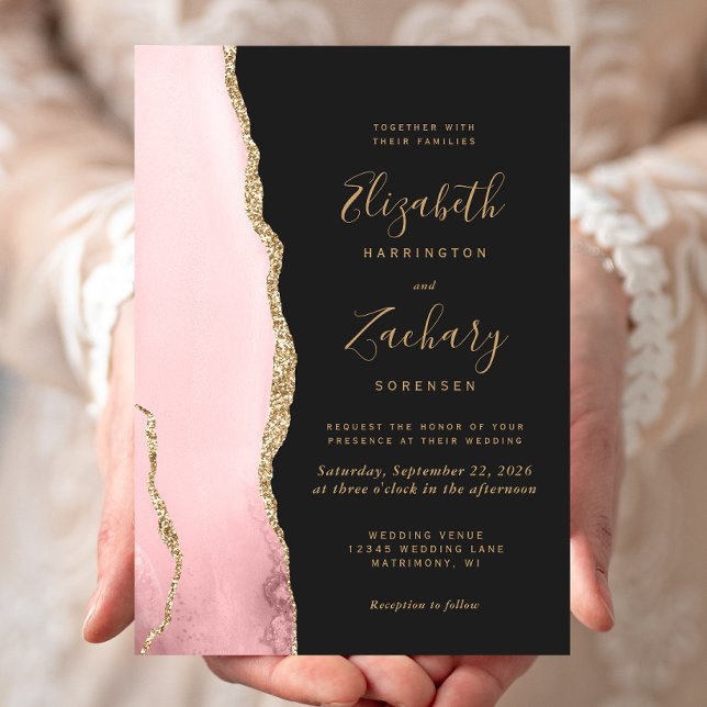 Modern Blush Pink Gold Agate Dark Wedding Invitation (Creator Uploaded)