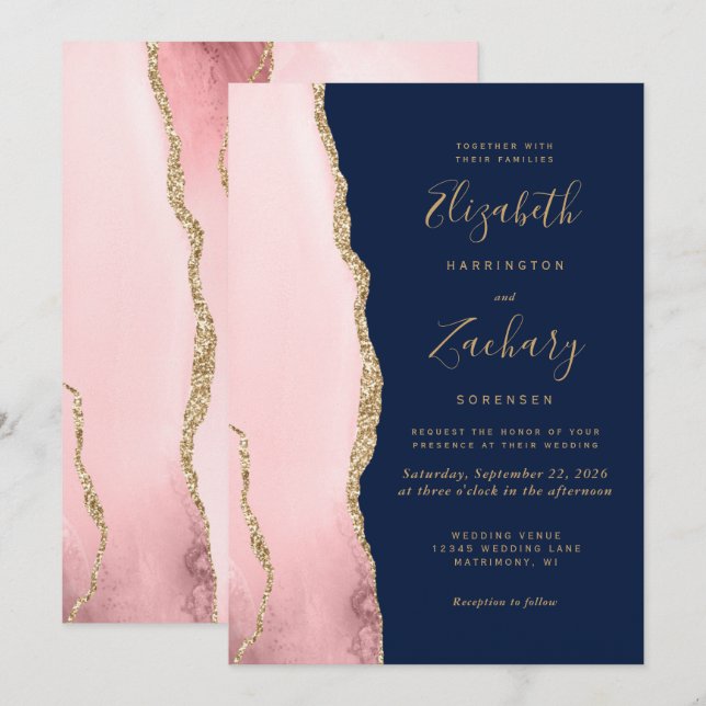 Modern Blush Pink Gold Agate Navy Blue Wedding Invitation (Front/Back)