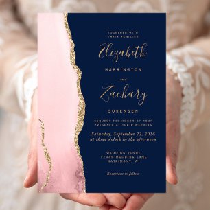 Modern Blush Pink Gold Agate Navy Blue Wedding Invitation