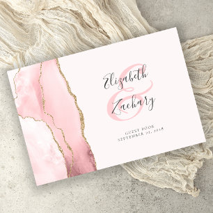 Modern Blush Pink Gold Agate Script Guest Book