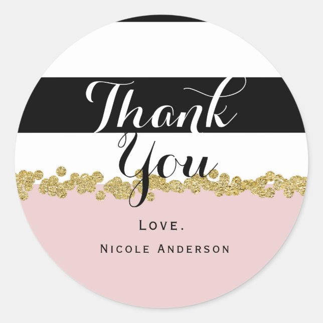 Modern Blush Pink Gold Black & White Stripe Favour Classic Round Sticker (Front)