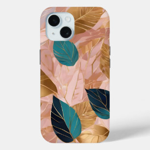 Modern Blush Pink Gold Boho Leaves Collection iPhone 15 Case