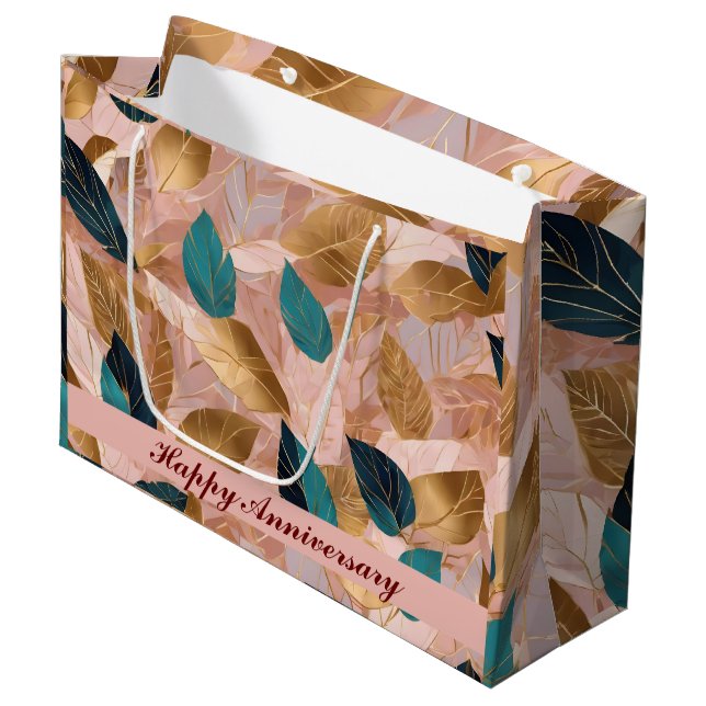 Modern Blush Pink Gold Boho Leaves Collection Large Gift Bag (Front Angled)