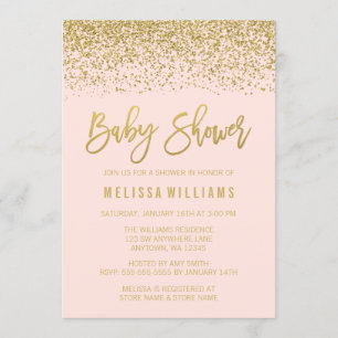 Modern Blush Pink Gold Faux Glitter Baby Shower Invitation