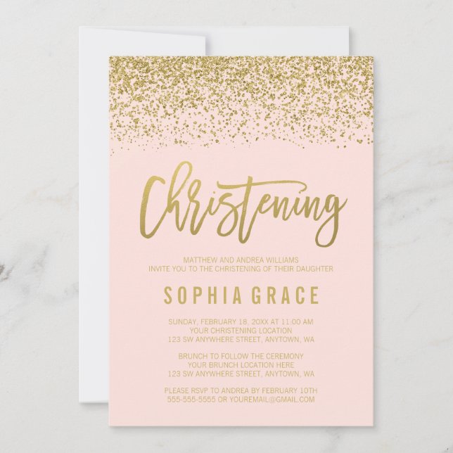 Modern Blush Pink Gold Faux Glitter Christening Invitation (Front)