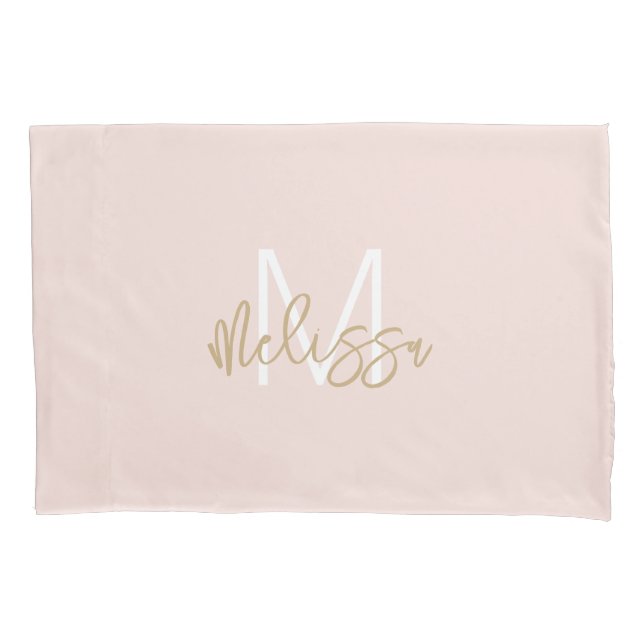 Modern Blush Pink Gold Girly Monogram Initial Name Pillowcase (Front)