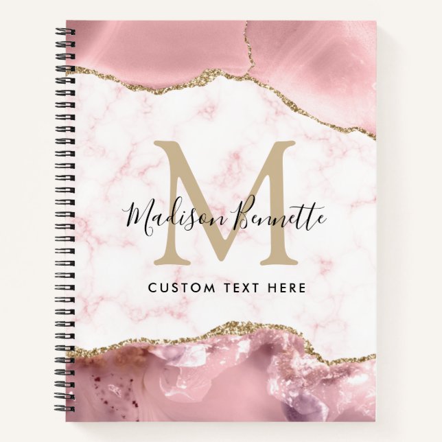 Modern Blush Pink Gold Glitter Agate Monogram Notebook (Front)