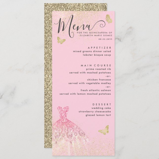 Modern Blush Pink Gold Glitter Gown Quinceanera Invitation (Front/Back)