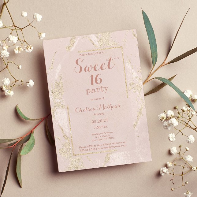 Modern blush pink gold glitter marble Sweet 16 Invitation (Modern blush pink gold glitter marble Sweet 16 Invitation)