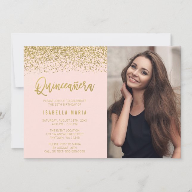 Modern Blush Pink Gold Glitter Quinceanera Photo Invitation (Front)