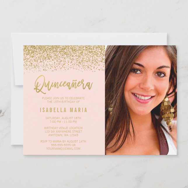 Modern Blush Pink Gold Glitter Quinceanera Photo Invitation (Front)