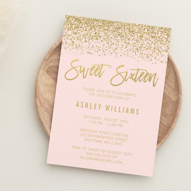 Modern Blush Pink Gold Glitter Sweet 16 Invitation (Creator Uploaded)
