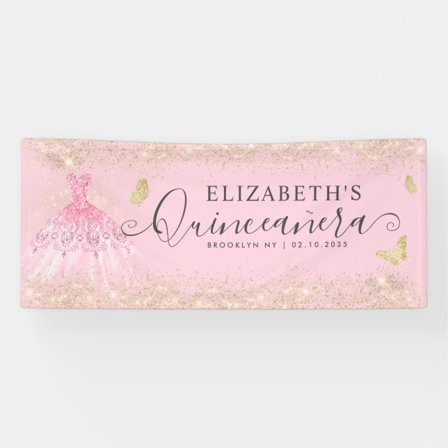 Modern Blush Pink Gold Gown Quinceañera Welcome Banner (Horizontal)