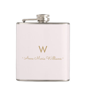 Modern Blush Pink Gold Script Monogram Hip Flask