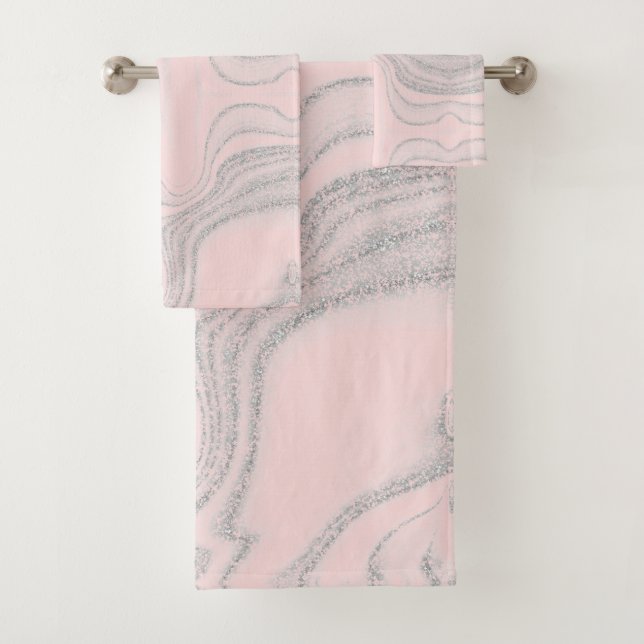 Modern blush pink grey abstract marble pattern bath towel set (Insitu)