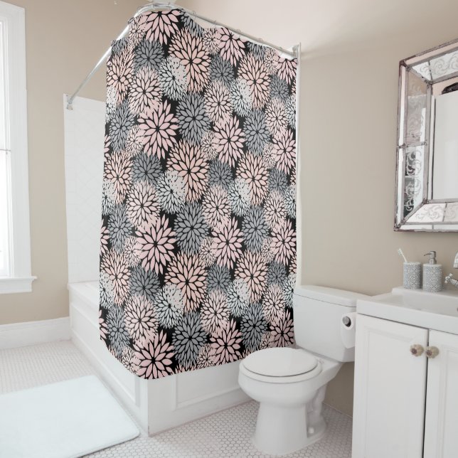 Modern Blush Pink Grey Dahlia Floral Shower Curtain (In Situ)