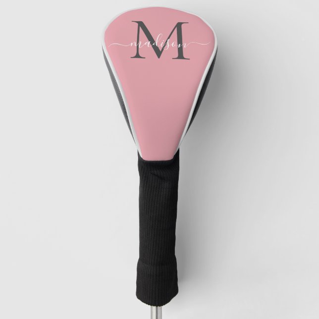 Modern Blush Pink Grey Monogram Girly Chic Script Golf Head Cover (Front)