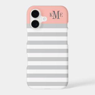 Modern Blush Pink Grey Stripes Custom Monogram