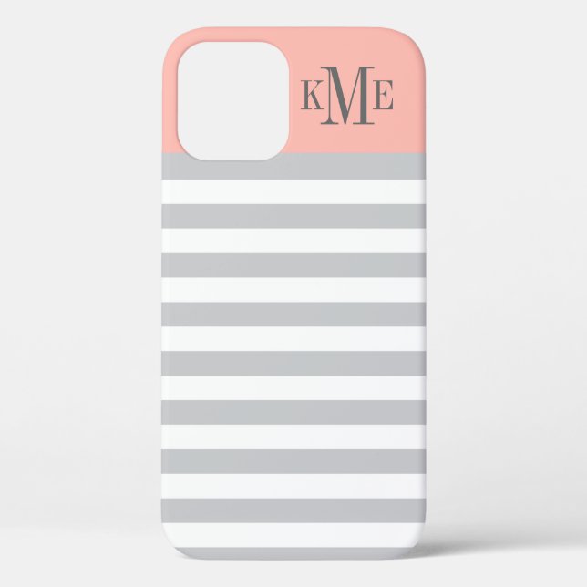 Modern Blush Pink Grey Stripes Custom Monogram Case-Mate iPhone Case (Back)