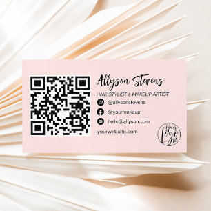 modern blush pink hair makeup photo logo qr code business card