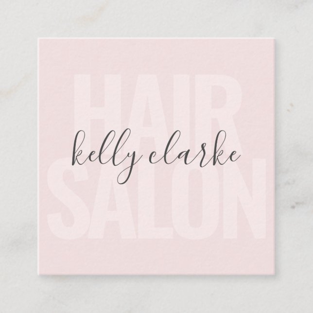 Modern blush pink hair salon script signature name square business card (Front)
