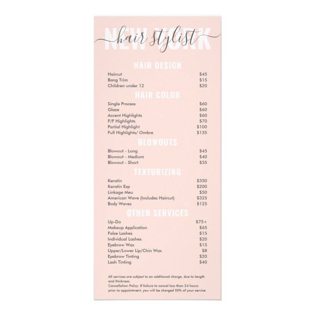Modern blush pink hair stylist script price list rack card (Front)
