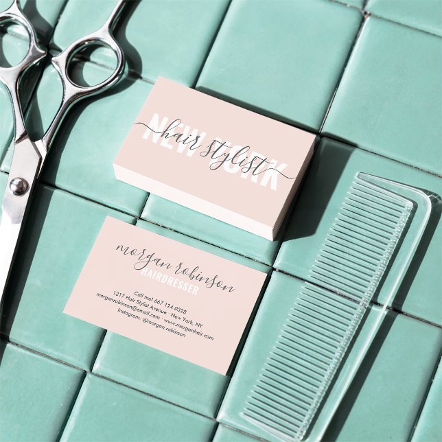 Modern blush pink hair stylist script signature business card (Modern blush pink hair stylist script signature)