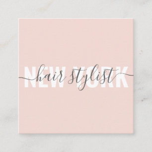 Modern blush pink hair stylist script signature square business card
