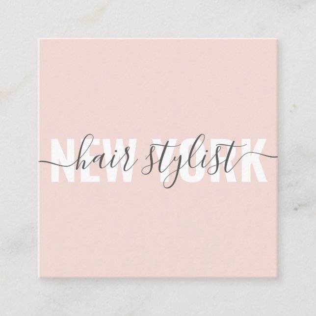 Modern blush pink hair stylist script signature square business card (Front)