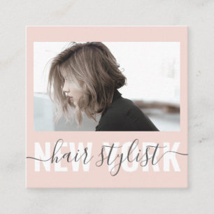 Modern blush pink hair stylist signature photo square business card