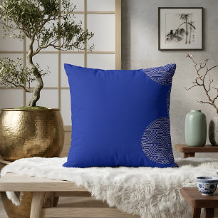 Modern Blush Pink Japandi Seigaiha on Cobalt Blue Cushion