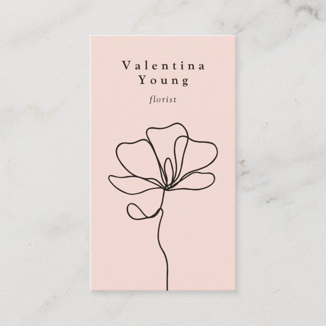 Modern blush pink line art floral drawing elegant business card (Front)